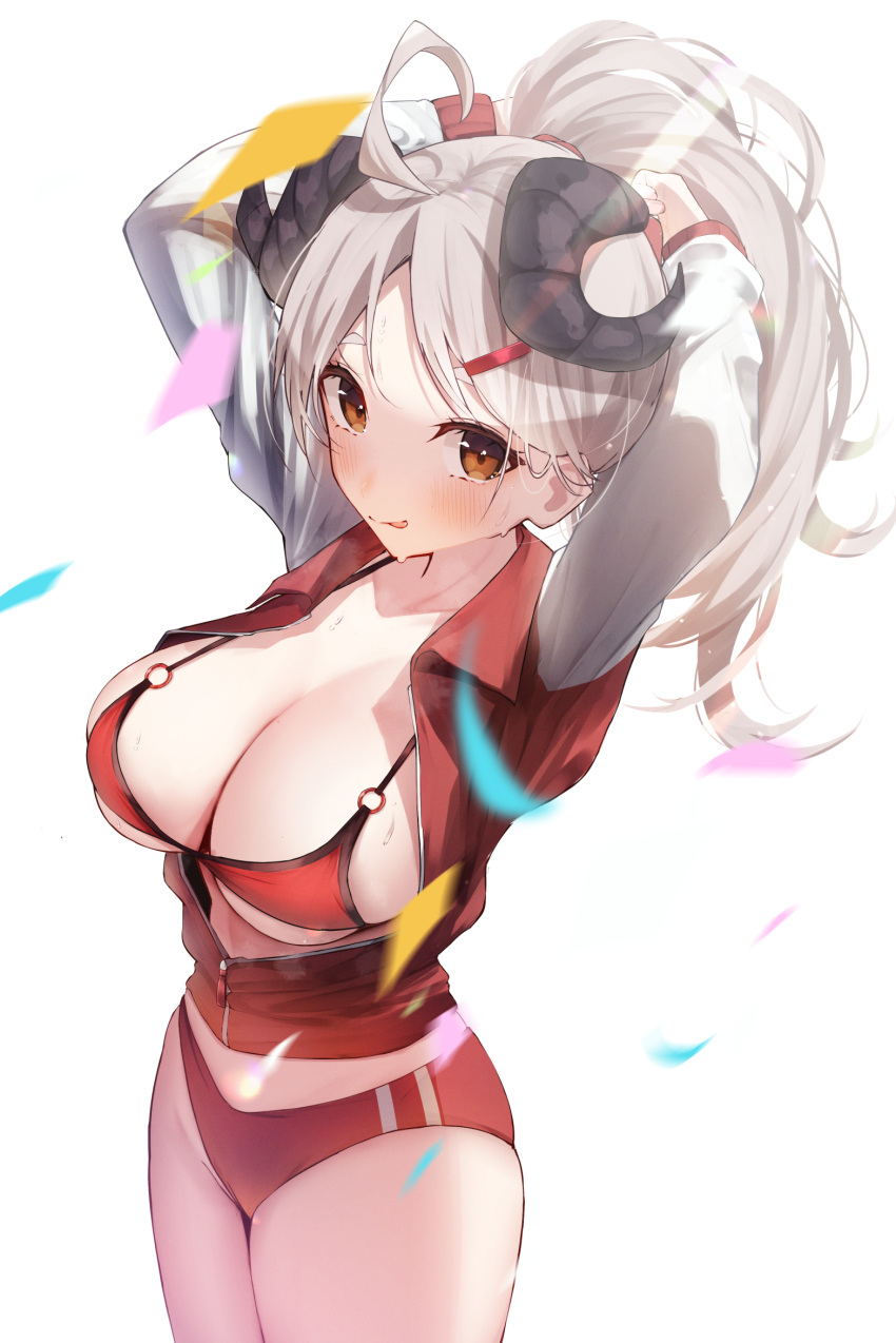 1girl :p ahoge arms_behind_head bikini blue_archive breasts brown_eyes buruma cleavage closed_mouth collarbone confetti cowboy_shot curled_horns from_above hair_behind_ear hair_ornament hairclip highres horns izumi_(blue_archive) jacket large_breasts light_blush light_brown_hair long_sleeves looking_at_viewer nidaime_(doronbo) o-ring o-ring_bikini open_clothes open_jacket ponytail red_bikini red_buruma red_track_suit simple_background smile solo sweat swimsuit tongue tongue_out track_jacket tying_hair upper_body white_background