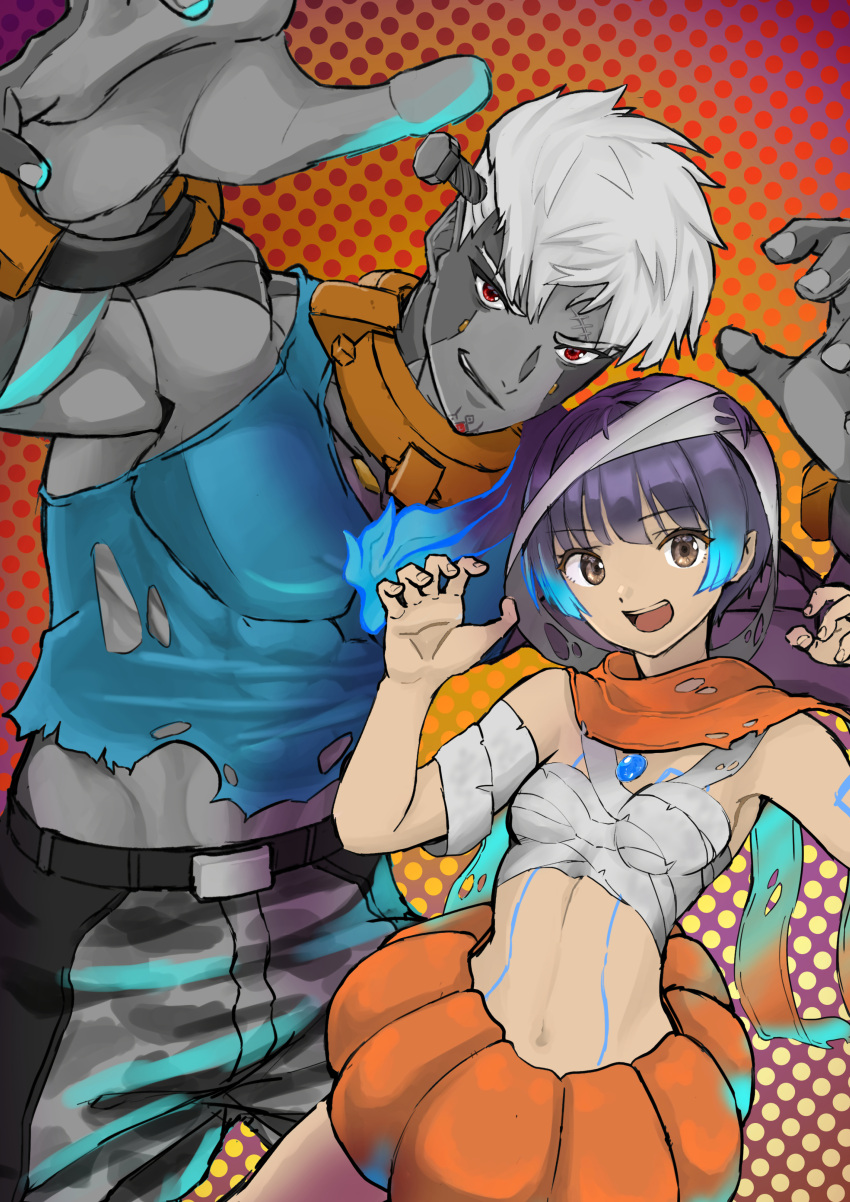 1boy 1girl absurdres bandages belt blue_hair breasts brown_eyes claw_pose collar colored_skin cosplay frankenstein's_monster frankenstein's_monster_(cosplay) grey_hair grey_skin halloween_costume highres karian909 lanz_(xenoblade) metal_collar midriff polka_dot polka_dot_background pumpkin red_eyes scarf screw_in_head sena_(xenoblade) shirt side_ponytail small_breasts torn_clothes torn_shirt xenoblade_chronicles_(series) xenoblade_chronicles_3