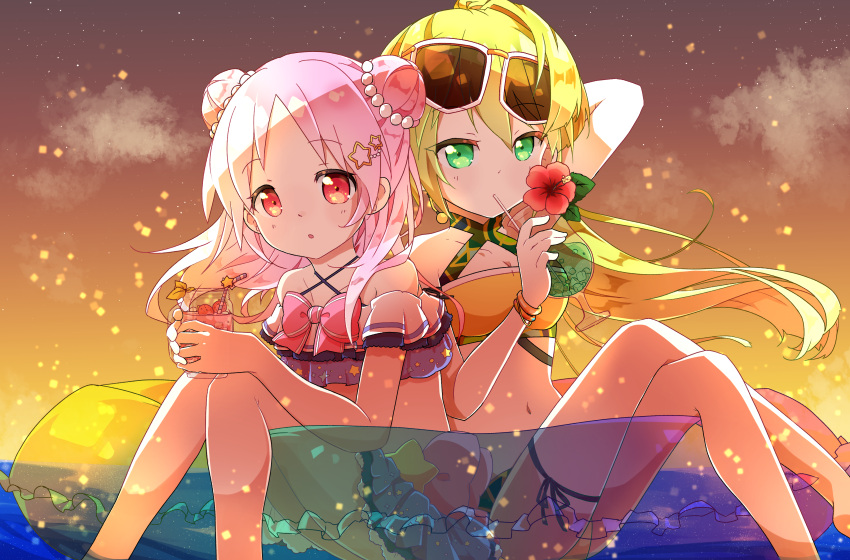 2girls absurdres alina_gray alina_gray_(swimsuit_costume) bangs bare_shoulders bikini blush cocktail cocktail_glass cup drinking_glass earrings eyewear_on_head frilled_bikini frills green_hair hair_between_eyes hair_bun hair_ornament highres holding jewelry long_hair looking_at_viewer magia_record:_mahou_shoujo_madoka_magica_gaiden mahou_shoujo_madoka_magica megitti misono_karin misono_karin_(swimsuit_costume) multiple_girls official_alternate_costume open_mouth parted_bangs ponytail purple_hair star_(symbol) star_hair_ornament sunglasses swimsuit yellow_bikini