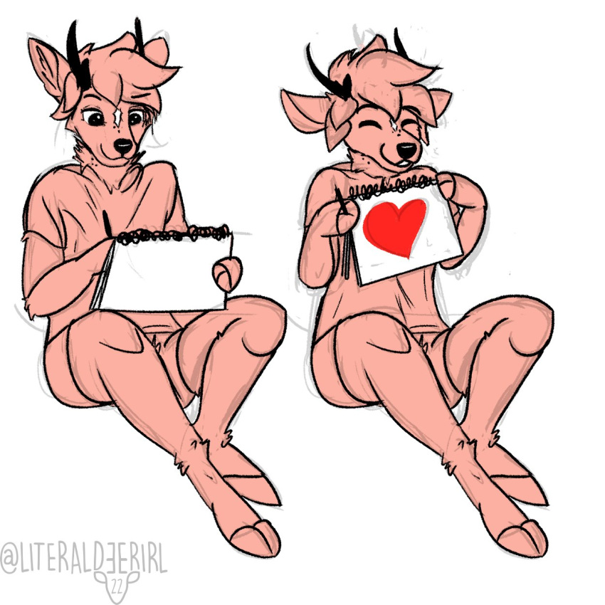 &lt;3 2022 anthro antlers artist_name cervid clothed clothing cloven_hooves digital_drawing_(artwork) digital_media_(artwork) drawing eyes_closed fur hair hi_res hoof_hands hooves horn ilex_(literaldeerirl) literaldeerirl male mammal monochrome sequence simple_background sketch smile solo unguligrade white_background