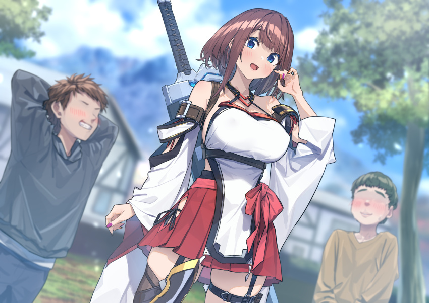 1girl 2boys absurdres baffu blue_eyes blue_sky breasts cloud commentary_request day detached_sleeves faceless faceless_male garter_straps highres hitoyo_(baffu) large_breasts looking_at_another looking_at_viewer male_child multiple_boys navel open_mouth original outdoors red_hair red_skirt short_hair skirt sky standing sword sword_behind_back thighhighs thighs weapon white_sleeves