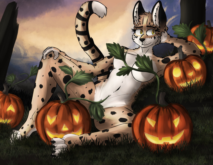 absurd_res anthro breasts felid feline felis female food fruit fur halloween hi_res holidays jack-o'-lantern leaf looking_at_viewer mammal nude obscured obscured_pussy outside plant pumpkin rivka_(sausysandwich) serval smile solo spots spotted_body spotted_fur vizelius white_body white_fur