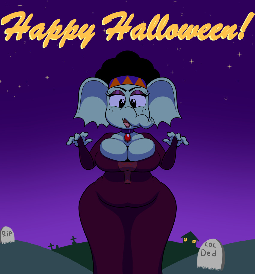 absurd_res anthro chubby_female clothing dress elephant elephantid female halloween hi_res holidays kiyana_(marcodile) looking_at_viewer mammal marcodile night outside proboscidean solo wilhamena