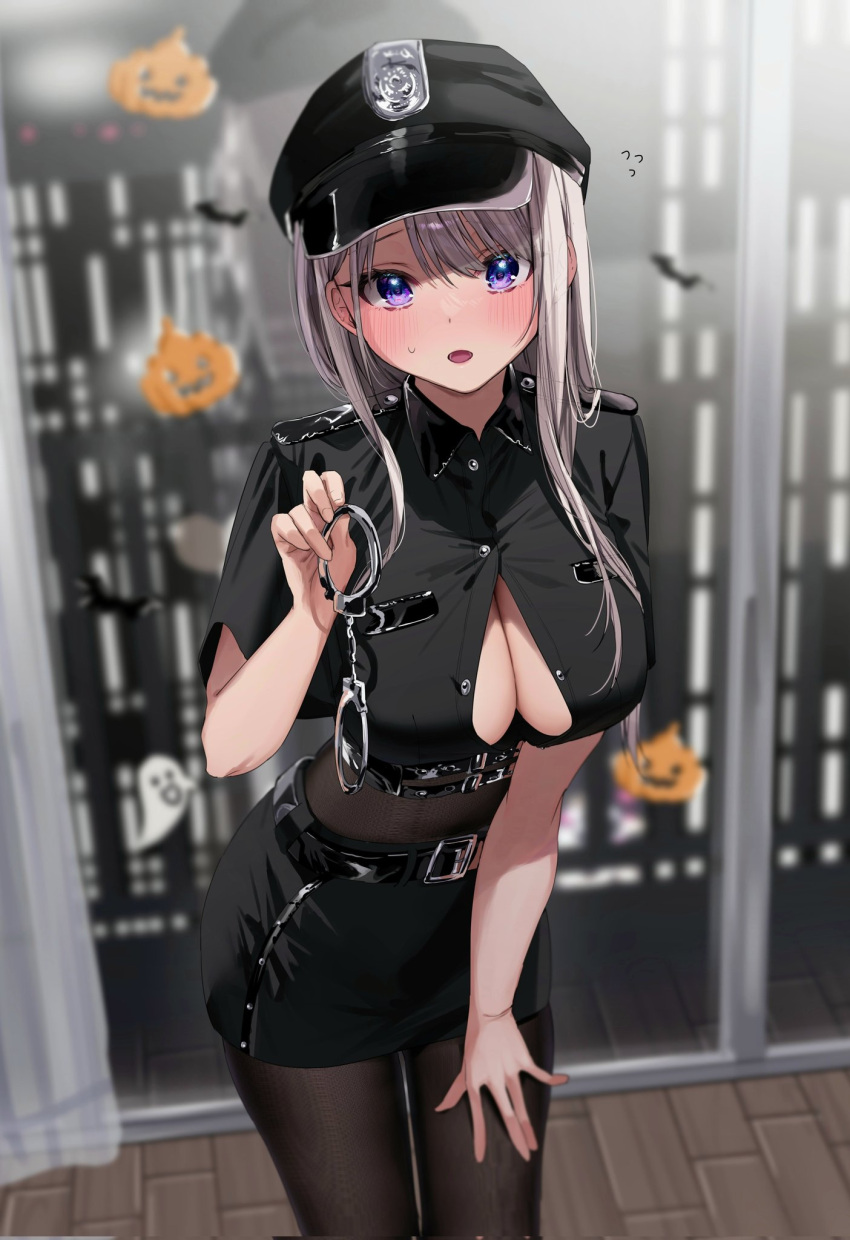1girl bangs belt black_belt black_bodysuit black_headwear black_pantyhose black_shirt black_skirt blurry blurry_background blush bodysuit breasts buckle chigusa_minori cleavage collared_shirt commentary_request cowboy_shot crop_top cuffs flying_sweatdrops halloween hand_on_own_thigh hand_up handcuffs hat highres holding holding_handcuffs indoors jack-o'-lantern large_breasts leaning_forward light_brown_hair long_hair looking_at_viewer open_mouth original pantyhose partially_unbuttoned police police_uniform policewoman purple_eyes saotome_shino_(chigusa_minori) shirt short_sleeves skirt solo standing sweat swept_bangs taut_clothes taut_shirt uniform