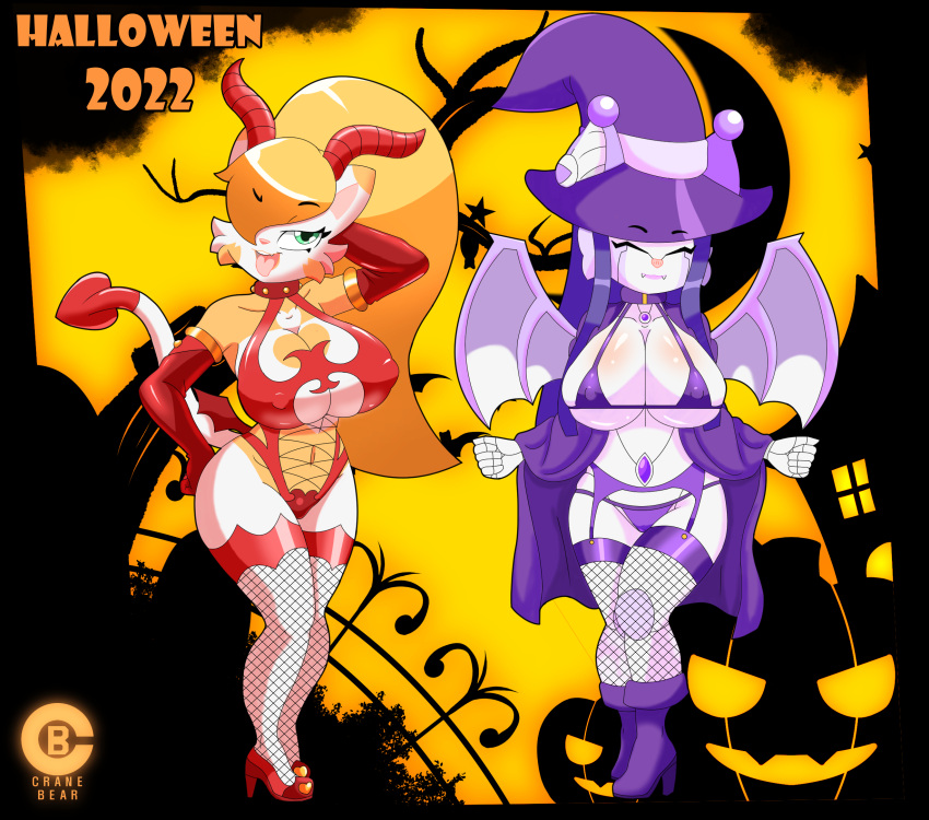 anthro batgirl cranebear domestic_cat duo felid feline felis female halloween halloween_2022 hi_res holidays jessica_young_melis mammal succubus tricia_ren_sounhoff witch_costume