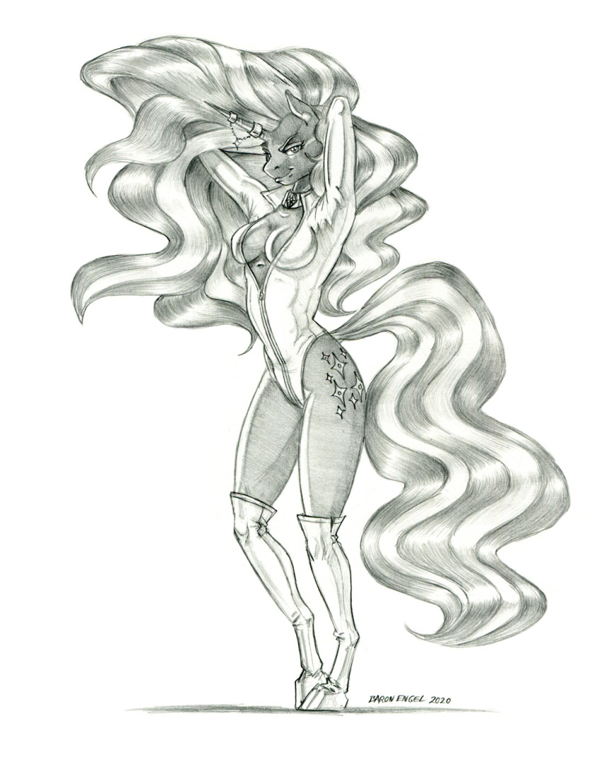 2022 anthro baron_engel boots breasts cleavage clothed clothing cutie_mark equid equine female footwear graphite_(artwork) hair hands_behind_head hasbro hi_res horn horn_jewelry horn_ring idw_publishing long_hair looking_at_viewer mammal monochrome my_little_pony my_little_pony_(idw) nightmare_rarity_(idw) pencil_(artwork) ring_(jewelry) smile solo traditional_media_(artwork) unguligrade_anthro unicorn