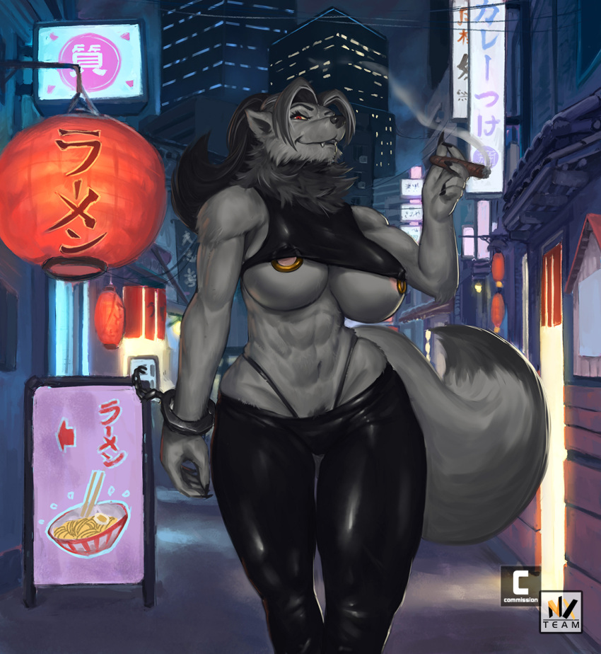 abs alley anthro big_breasts bottomwear bracelet breasts canid canine canis cigar city claws clothing fangs female fluffy fluffy_tail fur grey_body grey_fur grey_hair hair hi_res japanese_text jewelry lamp lantern looking_at_viewer mammal mature_female muscular muscular_anthro muscular_female nexus nipple_piercing nipple_ring nipples pants paper_lantern piercing red_eyes ring_piercing sign skyscraper smoke smoking_cigar solo store tania_marovitch text tight_clothing were werecanid werecanine werewolf wolf