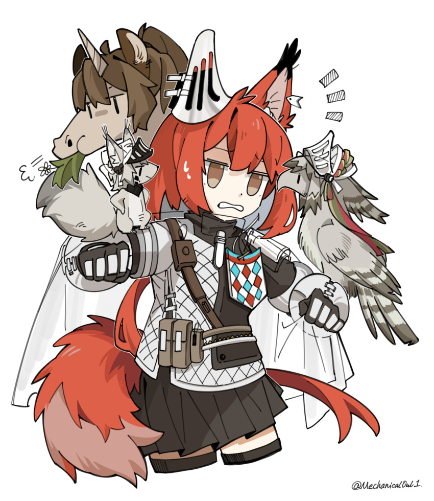 1girl absurdres animal_ears animal_on_arm animalization arknights ashlock_(arknights) bird bird_on_arm black_skirt black_thighhighs brown_eyes cowboy_shot cropped_legs ear_covers eating fartooth_(arknights) flametail_(arknights) flower gauntlets highres mechanical_owl notice_lines oripathy_lesion_(arknights) pleated_skirt red_hair shirt short_hair_with_long_locks simple_background skirt squirrel squirrel_ears squirrel_girl squirrel_tail sweatdrop tail thighhighs twitter_username unicorn white_background white_flower white_shirt wild_mane_(arknights) zettai_ryouiki