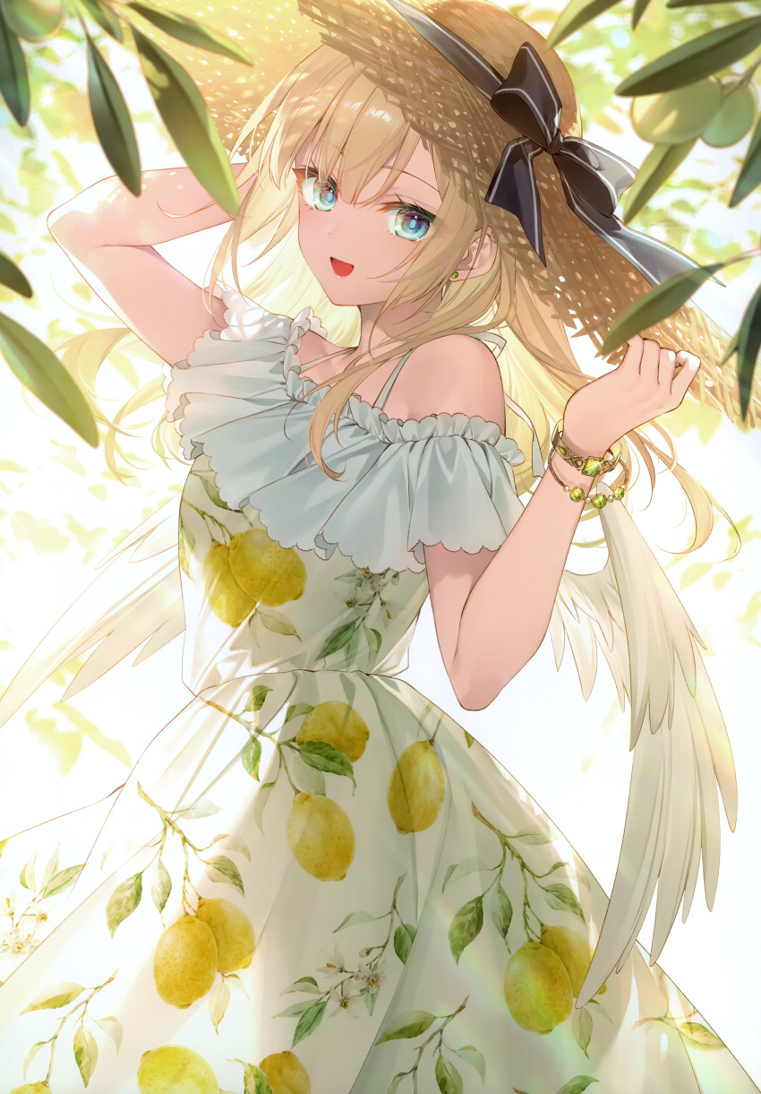 1girl absurdres bangs bare_shoulders blonde_hair blue_eyes bracelet day dress feathered_wings food_print hand_up hat highres holding holding_clothes holding_hat jewelry lemon_print long_hair looking_at_viewer open_mouth original outdoors scan shiny shiny_hair simple_background smile solo straw_hat toosaka_asagi wings