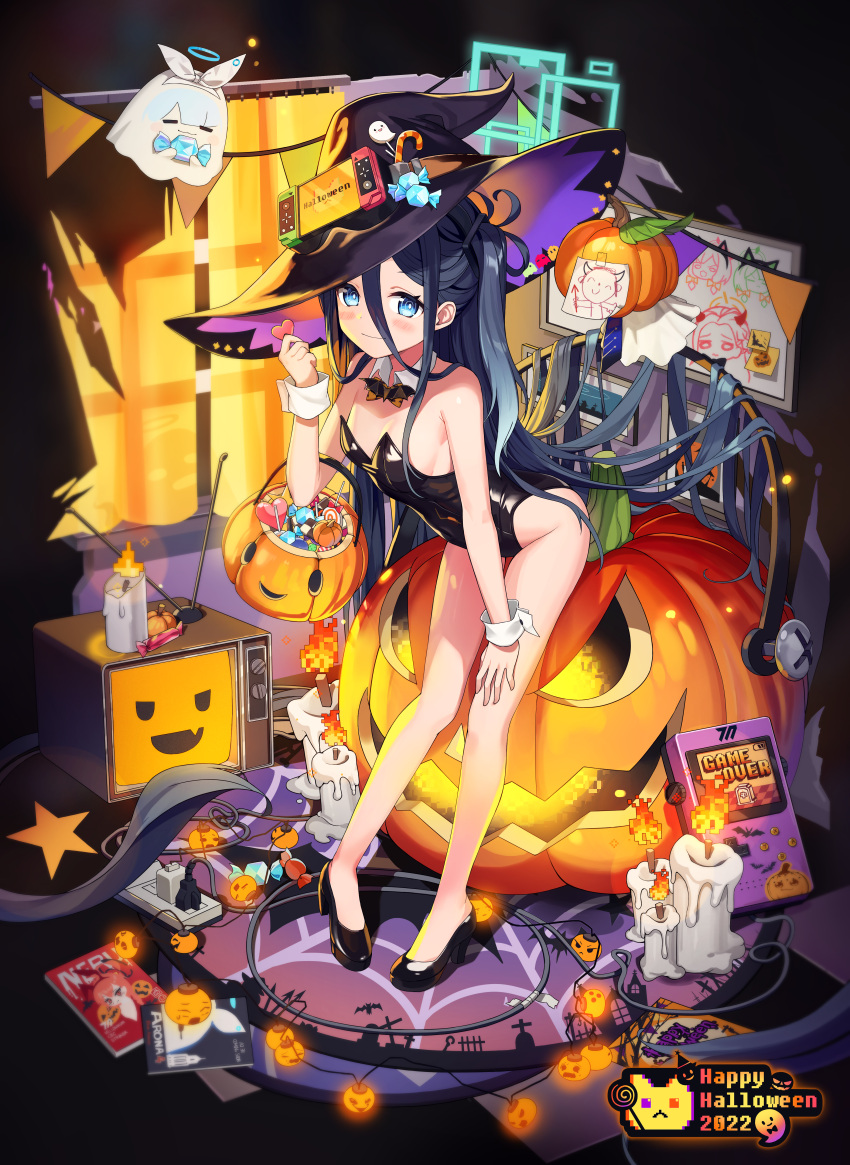 1girl absurdly_long_hair absurdres alternate_costume arisu_(blue_archive) arona_(blue_archive) bare_legs bent_over black_leotard blue_archive blue_eyes breasts candle candy character_doll food full_body halloween halloween_bucket halloween_costume halo handheld_game_console happy_halloween hat highres jack-o'-lantern leotard long_hair magazine_(object) mearyo midori_(blue_archive) momoi_(blue_archive) neru_(blue_archive) neru_(bunny)_(blue_archive) playboy_bunny pumpkin pumpkin_hat sensei_(blue_archive) sitting smile strapless strapless_leotard television trick_or_treat very_long_hair witch_hat yuzu_(blue_archive)