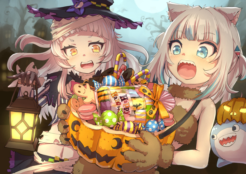 2021 2girls animal_ear_fluff animal_ears bare_shoulders blue_eyes blue_hair blush candy candy_cane candy_wrapper cat_ears cat_girl flat_chest food gawr_gura gingerbread_man halloween halloween_bucket highres holding holding_lantern hololive hololive_english lantern looking_at_another macaron mitsuru_(pixiv_34028718) multicolored_hair multiple_girls murasaki_shion night open_mouth outdoors ribbon shark sharp_teeth short_twintails smile streaked_hair teeth tree twintails upper_body upper_teeth virtual_youtuber white_hair wrapped_candy yellow_eyes