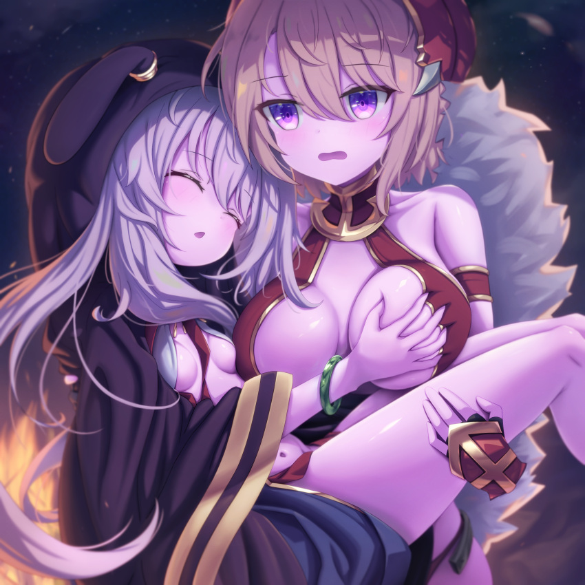 2girls absurdres animal_ears animal_hood armlet armor azur_lane bangs bare_shoulders bikini bikini_armor black_gloves blonde_hair blue_robe blush bracelet breast_grab breasts capelet carrying cleavage closed_eyes collarbone commentary_request cowboy_shot fake_animal_ears fingerless_gloves fur_capelet gauntlets gloves grabbing hair_between_eyes hair_ornament headgear highres hood hood_up hooded_robe jewelry laffey_(azur_lane) laffey_(sleepageddon)_(azur_lane) large_breasts long_hair long_sleeves multiple_girls navel official_alternate_costume open_clothes open_mouth open_robe princess_carry purple_eyes rabbit_ears rabbit_hood red_armor red_bikini revealing_clothes robe short_hair sidelocks sleeping small_breasts standing stomach swimsuit white_hair z23_(azur_lane) z23_(upgrade_failure?!)_(azur_lane) zusshii_(libertasgenesis)