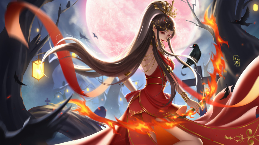 1girl absurdres artist_request back_cutout bare_legs bird bow brown_hair cai_lin_(doupo_cangqiong) chain clothing_cutout cross crow doupo_cangqiong dress earrings fire flame full_moon highres jewelry lantern leg_up long_hair moon night pointy_ears ponytail red_dress red_eyes second-party_source smile solo