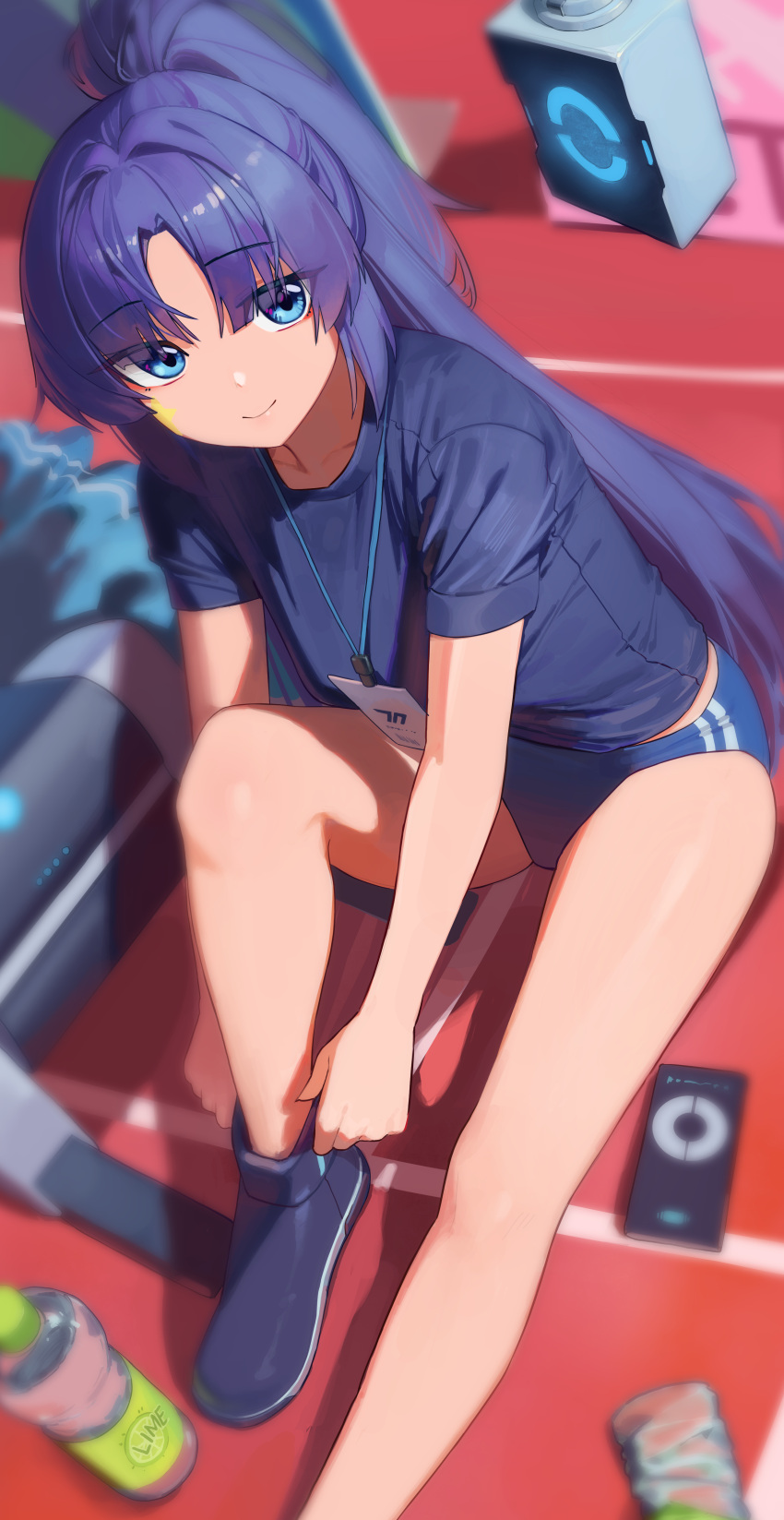 1girl absurdres bangs bare_legs blue_archive blue_buruma blue_eyes blue_shirt bottle buruma closed_mouth commentary_request foot_out_of_frame gym_uniform highres jaws_(okdol0928) korean_commentary lanyard long_hair looking_at_viewer parted_bangs purple_hair putting_on_shoes shirt short_sleeves smile solo star_sticker sticker_on_face yuuka_(blue_archive) yuuka_(gym_uniform)_(blue_archive)