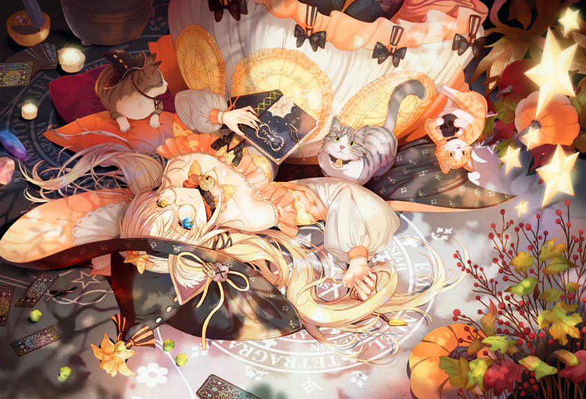 1girl bare_shoulders blonde_hair book breasts cat cleavage closed_mouth dress fingernails glasses halloween hat heterochromia long_sleeves looking_at_viewer original pumpkin rednian sharp_fingernails witch witch_hat