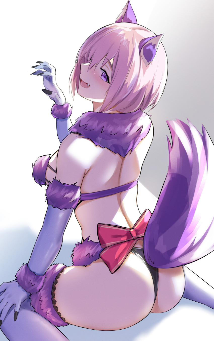 1girl absurdres animal_ears ass bangs bare_shoulders bee_doushi bow breasts claw_pose elbow_gloves fate/grand_order fate_(series) fur-trimmed_gloves fur-trimmed_legwear fur_collar fur_trim gloves hair_over_one_eye highres lace-trimmed_legwear lace_trim large_breasts light_purple_hair looking_at_viewer looking_back mash_kyrielight mash_kyrielight_(dangerous_beast) open_mouth pink_bow purple_eyes purple_gloves purple_thighhighs revealing_clothes short_hair sitting smile solo tail thighhighs wariza wolf_ears wolf_tail