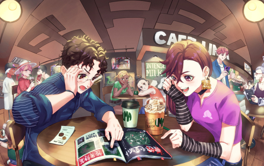 6+boys 6+girls absurdres annoyed apron ayase_momo bangs black_choker black_hair black_headwear black_tank_top blue_jacket blue_shirt blush book bookmark boxing_gloves bracelet breasts brown_hair cafe cappuccino_(drink) chiquitita choker coffee coin cow crab crop_top cup curly_hair dandadan dark_skin drinking drinking_straw earrings exposed_muscle flatwoods_monster_(dandadan) frappuccino goggles goggles_on_head green_shirt hair_bun hana_(dandadan) hat highres holding holding_phone hoop_earrings jacket jacket_partially_removed jealous jewelry jin_enjoji long_hair looking_at_another looking_at_object looking_down manjiro_(dandadan) medium_breasts medium_hair mr._mantis_shrimp multiple_boys multiple_girls necklace nefula14 one_eye_closed peeping phone pilot_helmet pink_hair pink_shirt pointing poster_(object) red_footwear red_sweater resume round_eyewear seiko_(dandadan) serpo_(dandadan) serpod_dover_demon_nessie shirt short_hair short_shorts short_sleeves short_twintails shorts single_hair_bun sitting sleeveless sleeves_rolled_up sun_hat sweater table takakura_ken_(dandadan) tank_top taro_(dandadan) thumbs_up tongue tongue_out tour_guide tray tsuchinoko_(dandadan) turbo_granny twintails white_hair white_shirt wristband yen