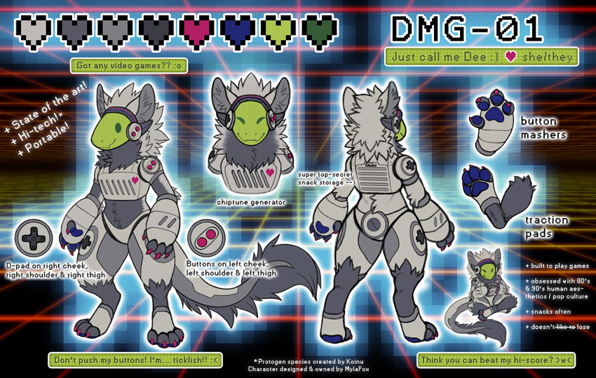 abstract_background anthro artist_name blue_pawpads closed_smile color_swatch eyes_closed featureless_crotch front_view fur grey_body grey_fur machine male model_sheet mouth_closed mylafox nude pawpads protogen protogen_visor rear_view sitting solo standing tail_tuft tuft wide_stance