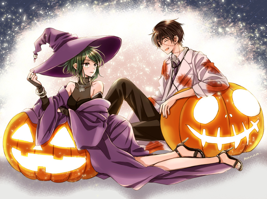 1boy 1girl :d bangs bare_shoulders black_dress black_footwear blood blood_on_clothes bracelet breasts bridal_gauntlets brown_hair brown_pants cleavage closed_eyes commentary_request doctor dress earclip glowing green_eyes green_hair halloween halloween_costume hand_on_headwear hand_up happy hat highres himawari-san jack-o'-lantern jewelry kuroizato_kaoru labcoat large_breasts looking_at_another meigetsu_yuu necklace necktie open_clothes open_mouth open_robe pants pumpkin purple_necktie purple_robe robe sandals see-through shiny shiny_hair short_hair sitting sleeves_rolled_up smile stethoscope stitches sugano_manami toes tongue tongue_out witch witch_hat