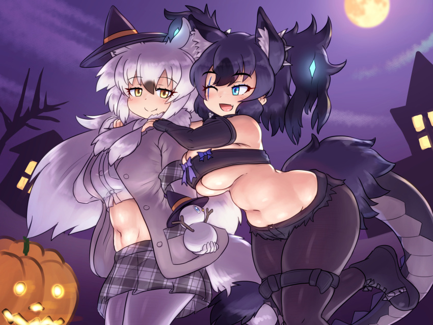 2girls animal_ear_fluff animal_ears aqua_eyes arctic_wolf_(kemono_friends) arm_at_side arms_around_neck arms_up bangs bare_shoulders belly big_hair black_hair bow breasts cerberus_(kemono_friends) closed_mouth crop_top curvy cutoffs dog_ears ear_ornament elbow_gloves extra_ears fang fang_out fingerless_gloves foot_up full_moon fur_scarf gloves glowing glowing_hair hair_between_eyes halloween hand_up hat highres holding hug hug_from_behind huge_breasts jack-o'-lantern jacket kemono_friends leaning_forward legwear_under_shorts lizard_tail long_hair long_sleeves looking_at_another lowleg lowleg_shorts midriff mini_hat mini_witch_hat miniskirt mo23 moon multicolored_hair multiple_girls navel night night_sky one_eye_closed open_clothes open_jacket open_mouth outdoors pantyhose pantyhose_under_shorts plaid plaid_skirt pumpkin purple_hair purple_sky scar scar_across_eye scar_on_face scarf shoes short_shorts shorts skin_fang skindentation skirt sky smile snowman standing standing_on_one_leg stomach strapless tail tube_top two_side_up very_long_hair white_hair witch_hat wolf_ears wolf_girl wolf_tail yellow_eyes