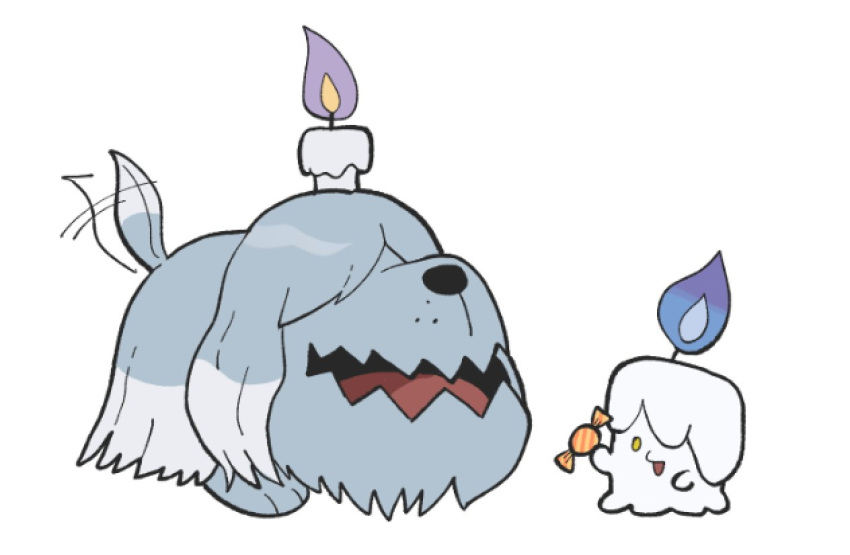 candy_wrapper fire greavard holding jaho litwick motion_lines no_humans open_mouth pokemon pokemon_(creature) purple_fire simple_background smile tail tail_wagging tongue white_background yellow_eyes