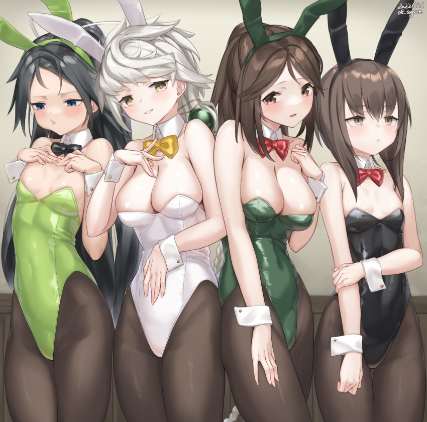 4girls amagi_(kancolle) animal_ears asymmetrical_hair black_bow black_bowtie black_hair black_leotard black_pantyhose blue_eyes bow bowtie braid breast_envy breasts brown_eyes brown_hair cleavage commentary_request commission cowboy_shot detached_collar green_leotard highleg highleg_leotard highres kantai_collection katsuragi_(kancolle) leotard long_hair medium_breasts multiple_girls pantyhose parted_lips playboy_bunny ponytail rabbit_ears red_bow red_bowtie sagace short_hair_with_long_locks single_braid skeb_commission small_breasts strapless strapless_leotard taihou_(kancolle) unryuu_(kancolle) very_long_hair white_hair white_leotard wrist_cuffs yellow_bow yellow_bowtie