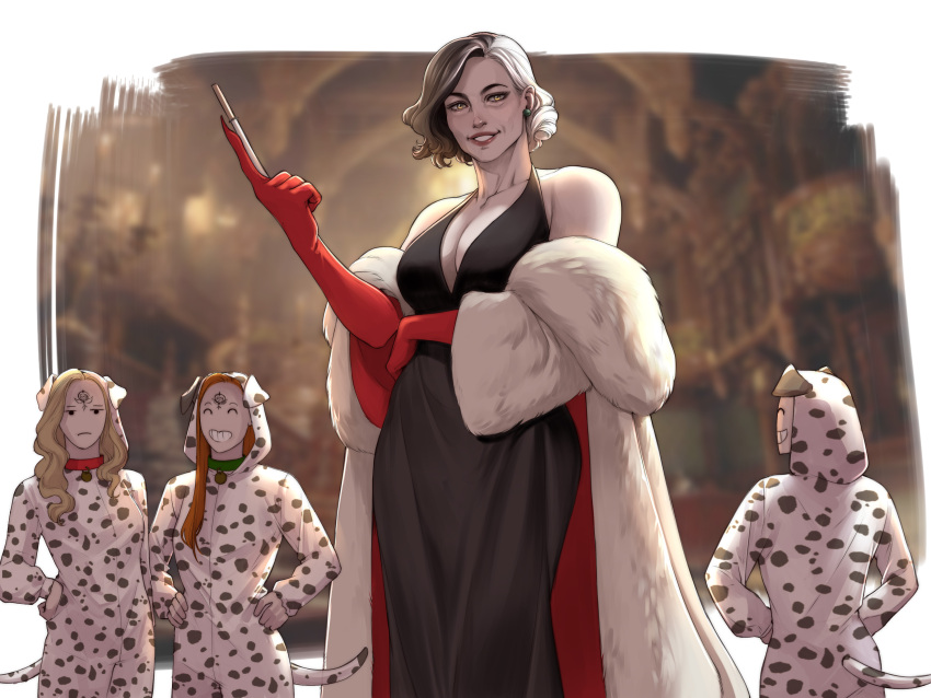 101_dalmatians 4girls absurdres alcina_dimitrescu animal_collar animal_costume annasassiart bela_dimitrescu black_dress breasts cassandra_dimitrescu collar cosplay cruella_de_vil cruella_de_vil_(cosplay) daniela_dimitrescu dog_costume dress gloves highres looking_at_viewer mother_and_daughter multiple_girls naked_fur_coat pale_skin red_gloves resident_evil resident_evil_village smile standing tall_female