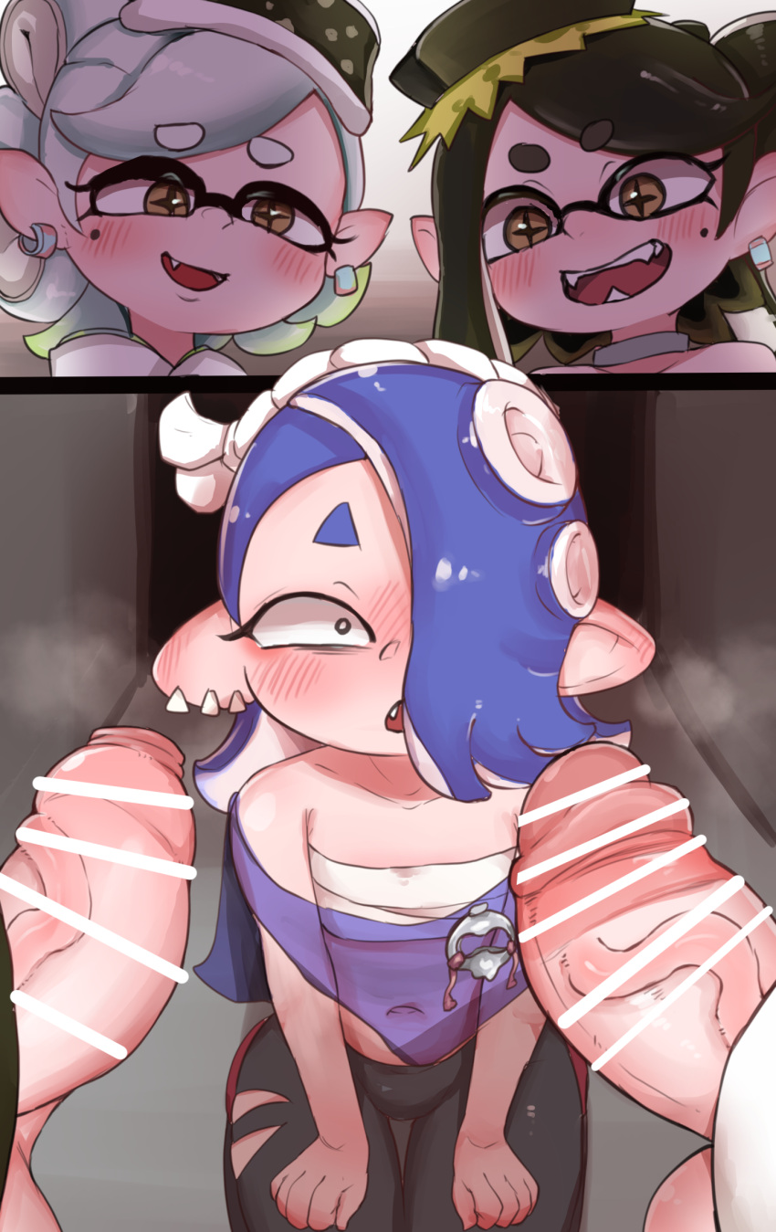 2022 animal_humanoid balls black_hair blush callie_(splatoon) censor_bar censored cephalopod cephalopod_humanoid clothing digital_media_(artwork) ear_piercing ear_ring erection eyelashes fangs foreskin genitals hair hi_res humanoid humanoid_genitalia humanoid_penis humanoid_pointy_ears ineffective_censorship inkling marie_(splatoon) marine marine_humanoid mollusk mollusk_humanoid navel nintendo octarian octoling open_mouth penis piercing pseudo_hair ring_piercing shiver_(splatoon) splatoon squid_sisters_(splatoon) tentacle_hair tentacles text topwear translucent translucent_clothing vein veiny_penis video_games zkky