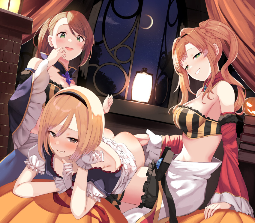 3girls absurdres bare_shoulders beatrix_(granblue_fantasy) blonde_hair blush brown_hair djeeta_(granblue_fantasy) frills gloves granblue_fantasy hairband highres multiple_girls over_the_knee ponytail pumpkin smile spanked spanking twintails window yamato_(muchuu_paradigm) yuri zeta_(granblue_fantasy)