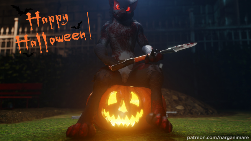 3d_(artwork) anthro blender_(software) blood blood_on_face blood_on_feet blood_on_hand blood_on_weapon bodily_fluids capcom cemetery digital_media_(artwork) flying_wyvern food fruit fur grey_body grey_fur halloween hi_res holding_object holding_weapon holidays looking_at_viewer male male/male monster_hunter nargacuga narganimare orange_light patreon plant pumpkin red_eyes shovel solo text themed threatening_aura tools url video_games weapon