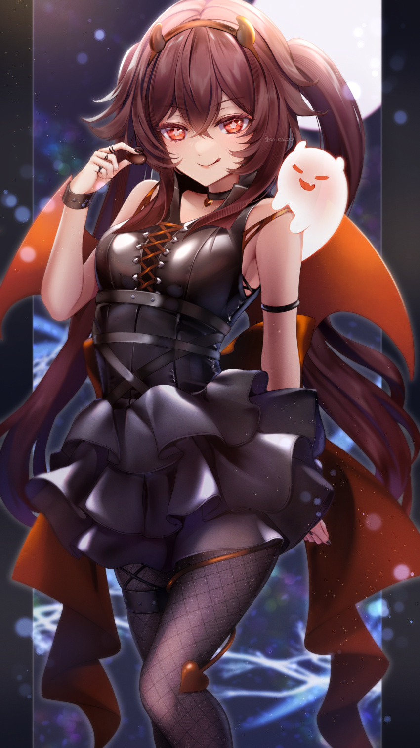 1girl absurdres asahi_(vjss4548) bangs belt black_headwear blush brown_hair cross-laced_clothes demon_horns demon_tail demon_wings dress flower-shaped_pupils genshin_impact ghost hair_between_eyes highres horns hu_tao_(genshin_impact) long_hair looking_at_viewer mooon off-shoulder_dress off_shoulder pantyhose red_eyes skirt smile solo symbol-shaped_pupils tail twintails wings