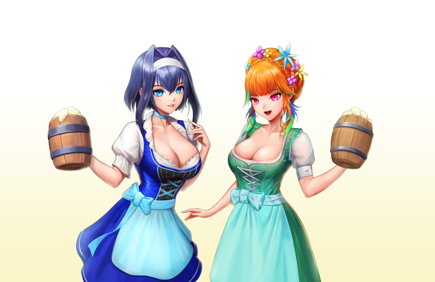 2girls alternate_costume apron beer_can blue_eyes blue_hair breasts can cleavage collarbone cross-laced_dress dirndl dress flower german_clothes gradient gradient_background grin hair_flower hair_intakes hair_ornament hairband head_wreath highres hololive hololive_english large_breasts looking_at_viewer medium_hair multiple_girls official_alternate_costume open_mouth orange_hair ouro_kronii purple_eyes simonz1987 simple_background smile takanashi_kiara virtual_youtuber waist_apron