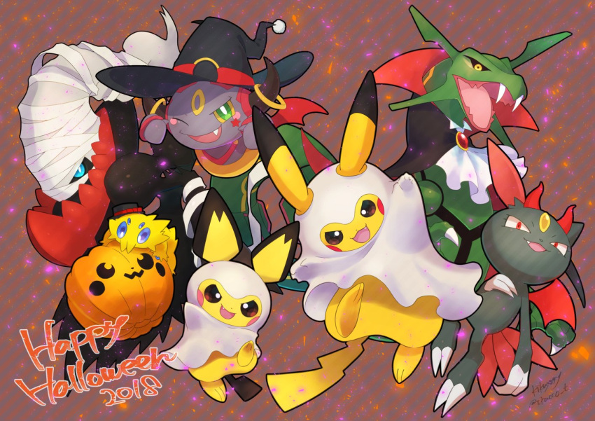 2018 ;d black_headwear blue_eyes bright_pupils cape colored_sclera commentary darkrai fang green_eyes happy_halloween hat hatted_pokemon hoopa hoopa_(confined) jewelry joltik kikuyoshi_(tracco) no_humans one_eye_closed open_mouth pichu pikachu pokemon pokemon_(creature) rayquaza ring smile sneasel white_pupils witch_hat yellow_sclera