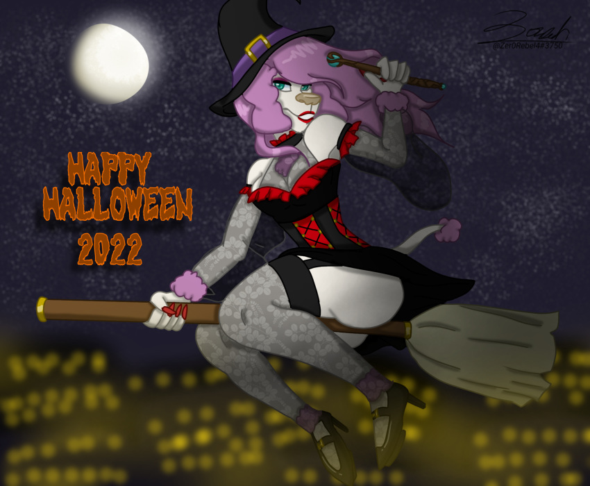 2022 absurd_res anthro big_butt bottomwear breasts broom butt canid canine canis chest_tuft choker city cleaning_tool cleavage clothed clothing colored_nails corset costume curled_hair digital_media_(artwork) domestic_dog dress english_text eyeshadow female floppy_ears flying flying_broom flying_broomstick footwear fur green_eyes grin hair halloween hat headgear headwear hi_res high_heels holding_object holidays ineffective_clothing jewelry legwear lingerie lipstick looking_at_viewer magic magic_user magic_wand makeup mammal markings mature_female moon nails necklace night olivia_(zer0rebel) pink_body pink_fur pink_hair pink_markings poodle red_nails seductive shaded shoes skirt smile solo star stockings text thick_thighs topwear translucent translucent_clothing tuft wand white_body white_fur witch witch_costume witch_hat zer0rebel4