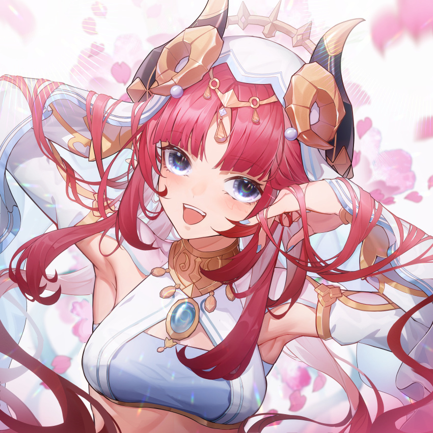 1girl :d absurdres armpits bandeau bangs blue_eyes blue_nails blush brooch commentary_request crop_top genshin_impact hands_in_hair highres horns jewelry jinjide_shaonian long_hair long_sleeves looking_at_viewer midriff nail_polish nilou_(genshin_impact) open_mouth partial_commentary red_hair smile solo upper_body veil