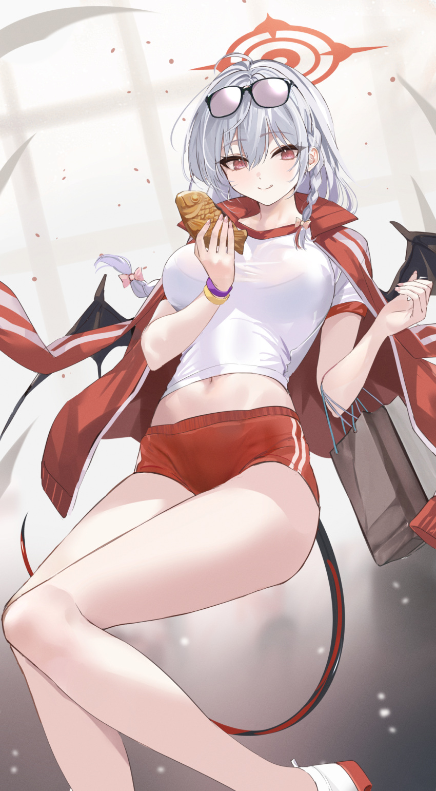 1girl ahoge bare_legs blue_archive blurry blurry_background braid breasts buruma closed_mouth demon_wings eyewear_on_head feet_out_of_frame food gym_uniform halo haruna_(blue_archive) highres holding holding_food jacket jacket_on_shoulders long_hair looking_at_viewer medium_breasts mexif midriff navel red_buruma red_eyes shirt short_sleeves smile solo stomach tail white_hair white_shirt wings wristband