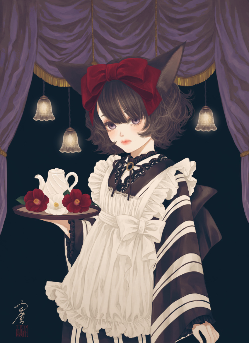 1girl absurdres animal_ears apron bangs black_background black_kimono bolo_tie bow brooch brown_hair camellia cat_ears closed_mouth commentary curtains flower frilled_apron frills hair_bow highres holding holding_tray japanese_clothes jewelry kimono lace_trim lamp long_sleeves looking_at_viewer maid_apron medium_hair original purple_eyes red_bow red_flower seal_impression signature solo striped striped_kimono symbol-only_commentary teapot tray ushiyama_ame wa_maid wavy_hair white_apron white_flower wide_sleeves