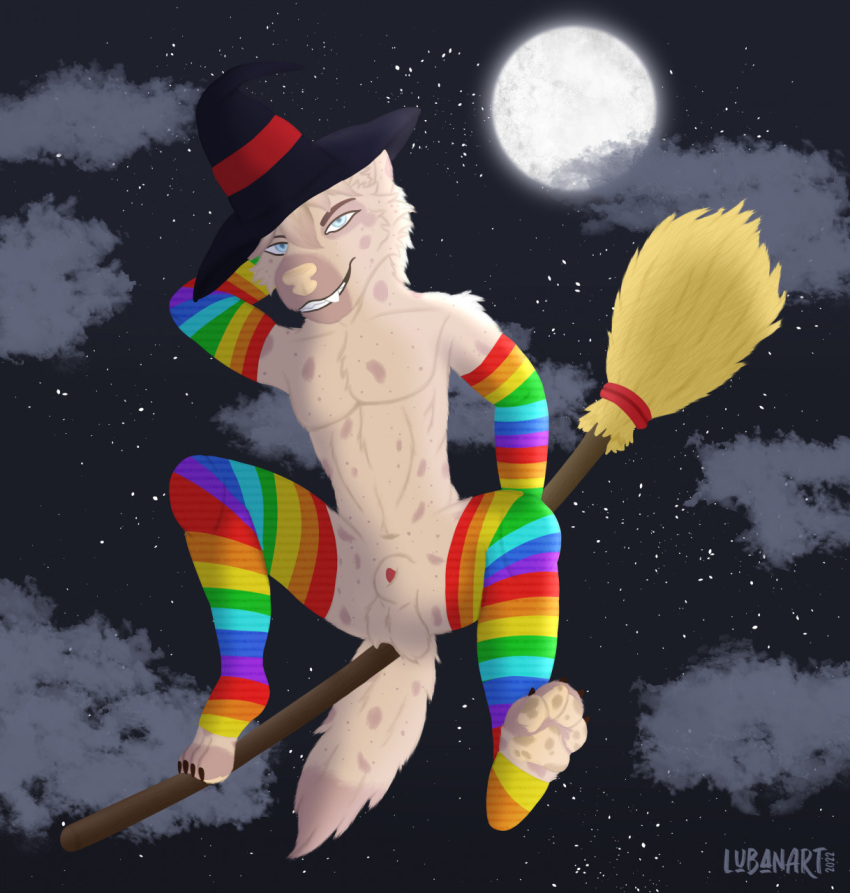 anthro balls broom broom_riding cleaning_tool clothing digital_media_(artwork) feet footwear fur genitals gloves halloween handwear hat headgear headwear hi_res holidays legwear looking_at_viewer lubanart male moon multicolored_clothing multicolored_legwear nude pawpads paws rainbow_clothing rainbow_legwear smile socks solo thigh_highs wizard_hat