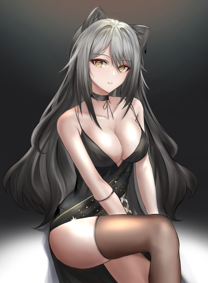 1girl absurdres alternate_costume animal_ears arknights black_background black_choker black_dress breasts cat_ears choker cleavage collarbone commentary_request dress eyeshadow grey_hair grey_thighhighs highres large_breasts long_hair looking_at_viewer makeup parted_lips schwarz_(arknights) shizukugu03 sitting sleeveless sleeveless_dress solo spaghetti_strap thighhighs thighs very_long_hair yellow_eyes