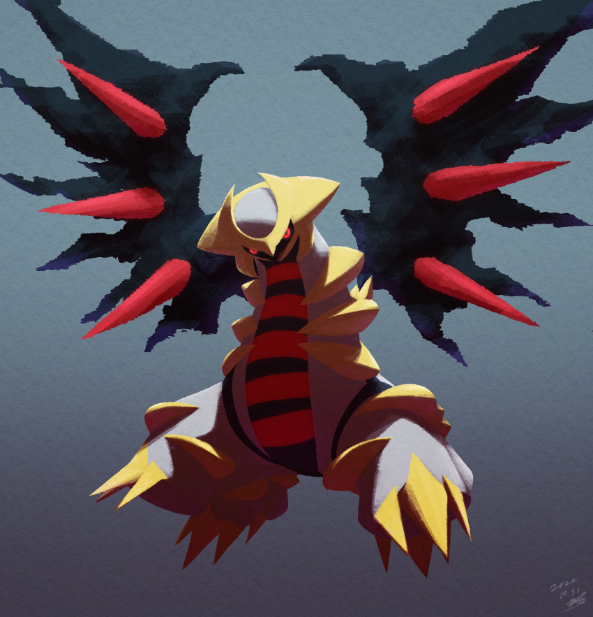 black_sclera claws colored_sclera commentary_request dated ewokakukaede from_below giratina giratina_(altered) glowing glowing_eyes grey_background highres looking_at_viewer no_humans pokemon pokemon_(creature) red_eyes signature solo spikes