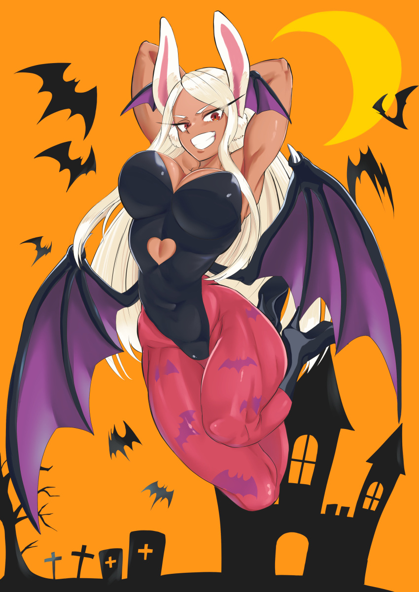 1girl absurdres animal_ears animal_print armpits arms_behind_head arms_up bangs bat_(animal) bat_print bat_wings black_footwear black_leotard boku_no_hero_academia boots breasts cleavage clothing_cutout cosplay covered_navel dark-skinned_female dark_skin halloween head_wings heart_cutout high_heel_boots high_heels highres large_breasts leotard long_eyelashes long_hair looking_at_viewer low_wings midair mirko morrigan_aensland morrigan_aensland_(cosplay) muscular muscular_female omanju25 orange_background pantyhose parted_bangs print_legwear purple_wings rabbit_ears rabbit_girl red_eyes smile solo thick_thighs thighs vampire_(game) very_long_hair white_hair wings