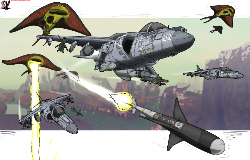 absurd_res aircraft airplane alien alpha_channel artist_logo artist_name black_mesa blurred_background bomb brown_background brown_body brown_sky clerian countershading cybernetics cyborg digital_media_(artwork) explosives fight flying green_background green_sky group half-life harrier hi_res jet laser laser_beam living_machine logo machine manta_ray_(half-life) missile mountain multicolored_body nature nature_background not_furry orange_body outside river simple_background tan_body valve video_games yellow_body