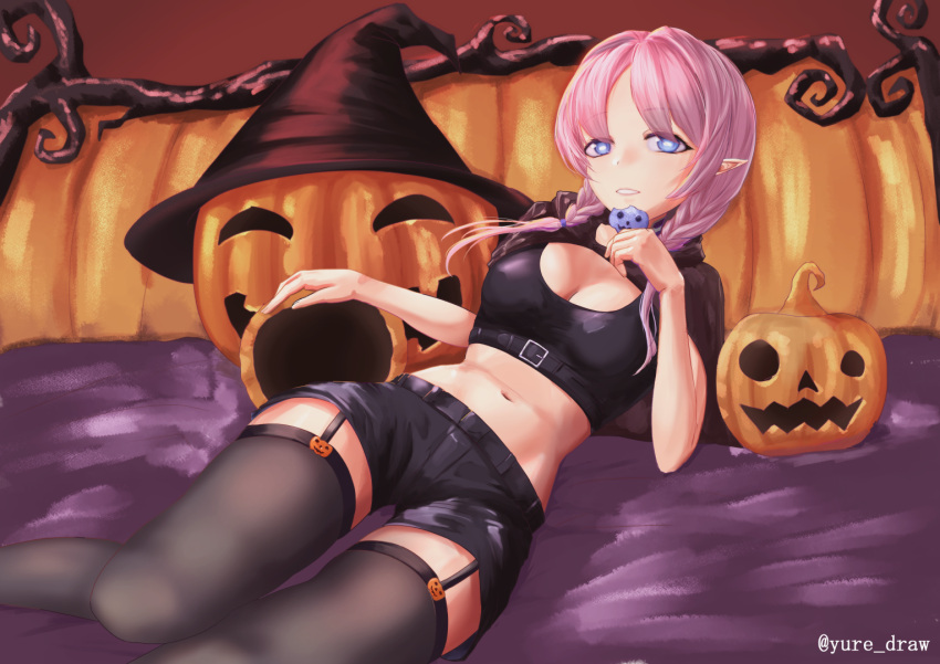 1girl alternate_costume arknights bangs black_shirt black_shorts black_thighhighs blue_eyes blue_poison_(arknights) braid breasts cleavage commentary_request crop_top feet_out_of_frame garter_belt hand_up hazane_yure jack-o'-lantern long_hair medium_breasts midriff navel pink_hair pointy_ears shirt short_shorts short_sleeves shorts solo stomach thighhighs twin_braids