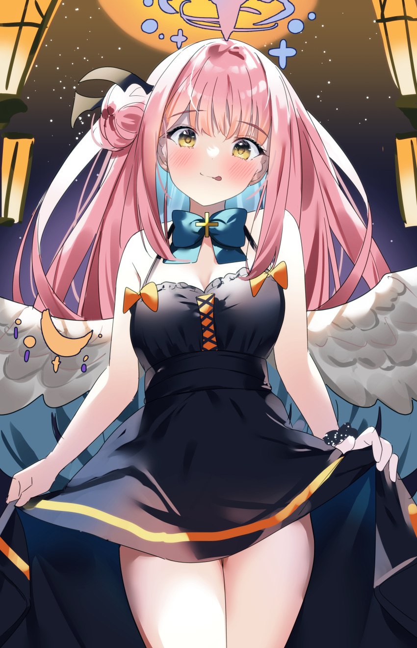 1girl absurdres angel_wings aqua_bow aqua_bowtie bangs black_dress blue_archive blush bow bowtie breasts closed_mouth crescent cross_ornament dress hair_bun halloween halo highres hosigarasu22 large_breasts long_hair looking_at_viewer mika_(blue_archive) night pink_hair scrunchie single_side_bun sky solo star_(sky) starry_sky thighs tongue tongue_out wings wrist_scrunchie yellow_bow yellow_eyes