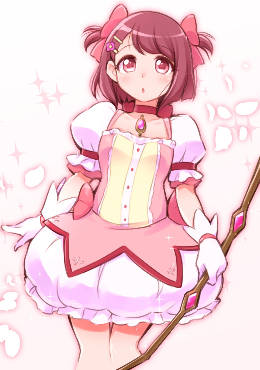 1girl arakawa_tarou bow_(weapon) bubble_skirt choker commentary_request cosplay eyelashes gloves hair_ornament hairclip hanadera_nodoka healin'_good_precure highres kaname_madoka kaname_madoka_(cosplay) magical_girl mahou_shoujo_madoka_magica petals pink_background pink_eyes pink_hair precure puffy_short_sleeves puffy_sleeves red_choker short_hair short_sleeves skirt solo standing voice_actor_connection weapon white_gloves yuuki_aoi