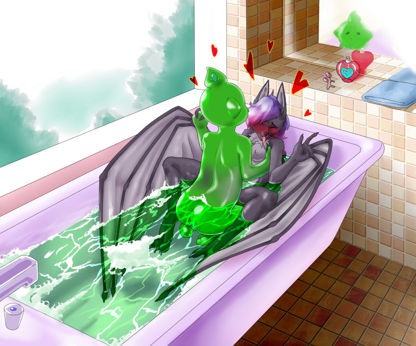 absurd_res anthro bathroom_sex blush chiropteran duo female fur goo_creature goo_humanoid green_body green_water grey_body grey_fur hair hearts_around_head herm hi_res humanoid intersex intersex/female lirmi mammal mirror naturally_censored nipple_tuft piledriver_position pteropodid purple_hair riron_(riron_blep) riron_blep sex sex_in_water tuft