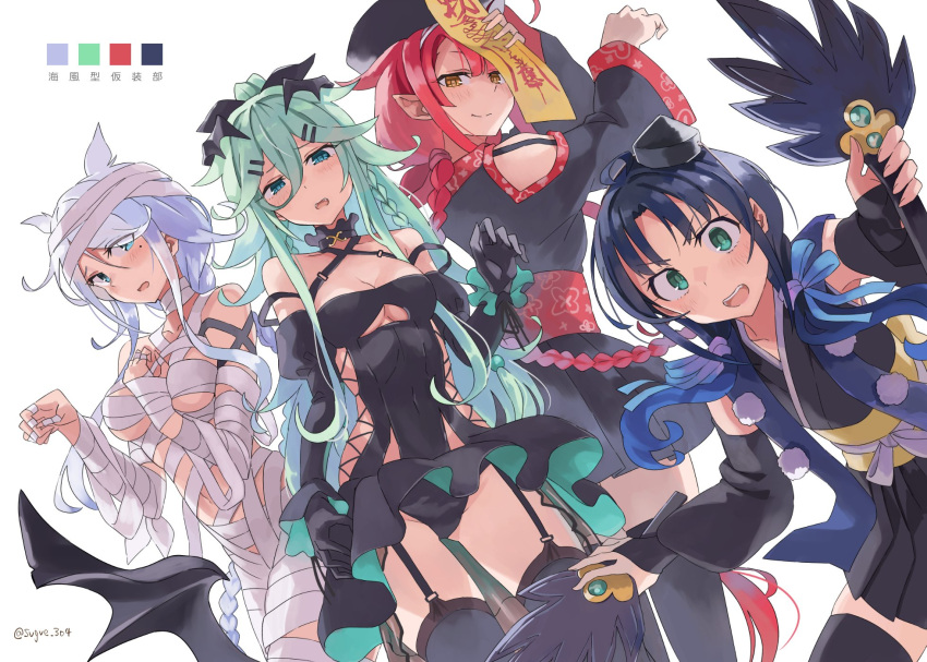 4girls bandaged_arm bandaged_head bandages black_dress black_thighhighs blue_eyes blue_hair braid breasts cleavage cowboy_shot demon_girl dress fake_horns feather_fan green_eyes green_hair hair_flaps hair_ornament hair_tie hairclip halloween halloween_costume hat highres horns japanese_clothes jiangshi kantai_collection kawakaze_(kancolle) kimono large_breasts long_hair low_twintails medium_breasts mole mole_under_eye multiple_girls mummy_costume naked_bandage ofuda outstretched_arms qing_guanmao red_hair short_kimono single_braid sleeveless small_breasts sugue_tettou suzukaze_(kancolle) talisman tengu thighhighs tokin_hat twintails umikaze_(kancolle) umikaze_kai_ni_(kancolle) very_long_hair white_hair yamakaze_(kancolle) zombie_pose