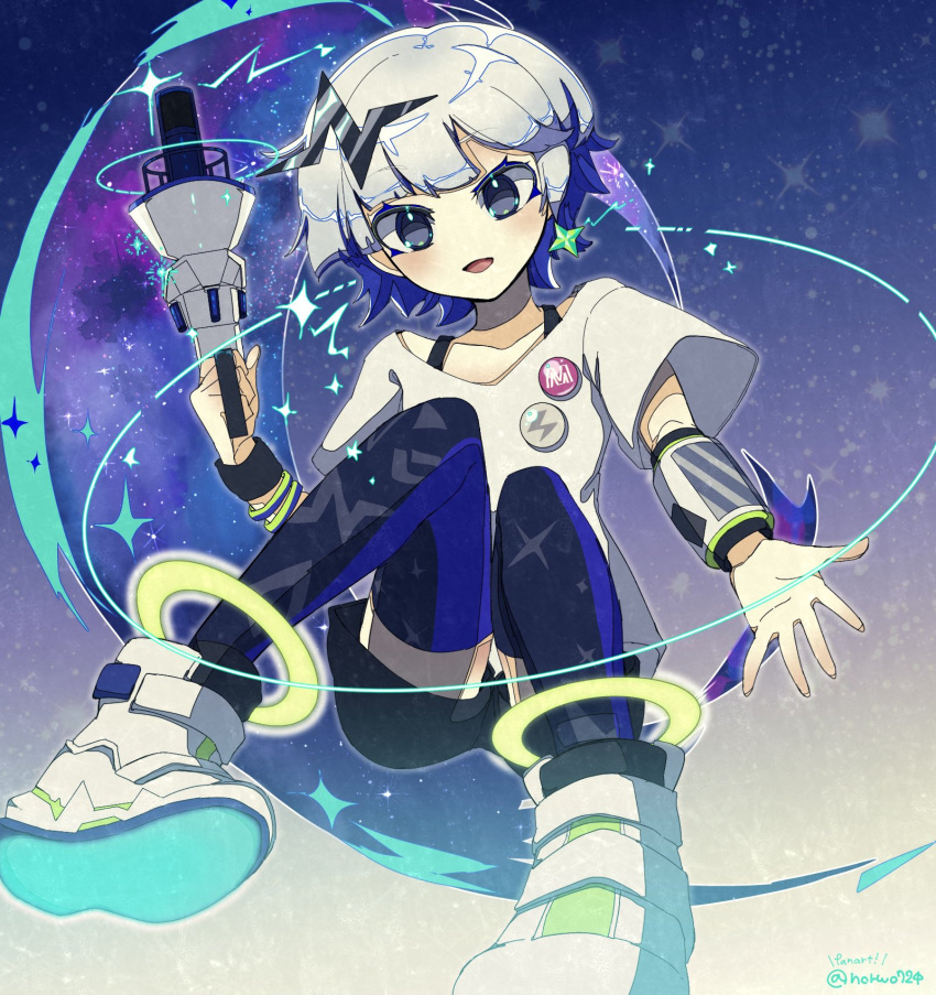 1girl bangs blue_eyes blue_hair earrings eclair_groove floating hair_ornament highres jewelry looking_at_viewer metro_mew multicolored_hair norwo724 pin shirt shoes short_hair short_sleeves shorts smile solo thighhighs two-tone_hair virtual_youtuber white_footwear white_hair