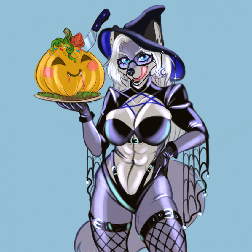 1:1 2022 5_fingers anthro artificer_(voriof1) black_nose blue_body blue_fur breasts canid canine canis cinnameana cleavage clothed clothing eyewear fangs female fingers fishnet fishnet_legwear fur glasses gloves hair halloween halloween_costume handwear hat headgear headwear hi_res holidays humanoid_hands jack-o'-lantern knife legwear licking licking_lips lingerie mammal mature_anthro mature_female navel silver_hair solo tongue tongue_out witch_costume witch_hat wolf