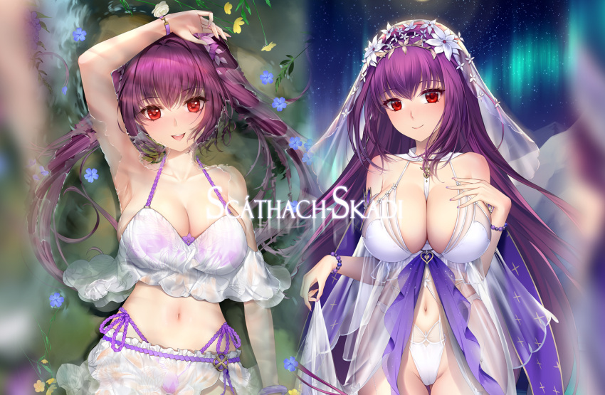 :d au11 aurora bead_bracelet beads bikini bracelet breasts bridal_veil brooch cameltoe cleavage dakimakura_(medium) fate/grand_order fate_(series) flower frilled_bikini frills heart_brooch jewelry large_breasts lifted_by_self looking_at_viewer multiple_girls navel night night_sky off-shoulder_bikini off_shoulder outdoors purple_bikini purple_hair red_eyes scathach_(fate) scathach_skadi_(swimsuit_ruler)_(fate) scathach_skadi_(swimsuit_ruler)_(first_ascension)_(fate) scathach_skadi_(swimsuit_ruler)_(third_ascension)_(fate) sky smile star_(sky) starry_sky swimsuit twintails veil white_one-piece_swimsuit